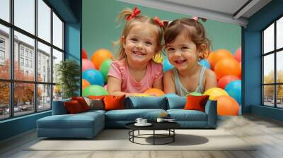 Young child plays joyfully in a colorful ball pit indoors. A toddler happily holds two balls while sitting in a playful array of colorful balls inside a cozy room. Wall mural