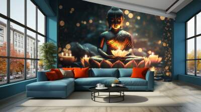 Buddha statue in the water with lotuses. AI generation Wall mural