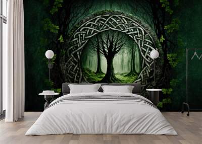 Celtic ancient forest. Sacred forest of the druids. AI generation Wall mural