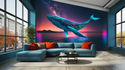 Neon whale swims in the sky. AI generation Wall mural