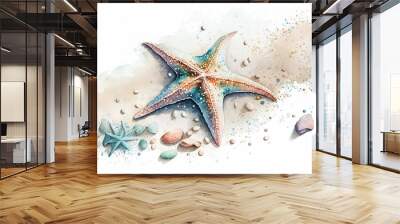 Watercolor beach. Watercolor mosquito star and seashells on the sand. AI generation Wall mural