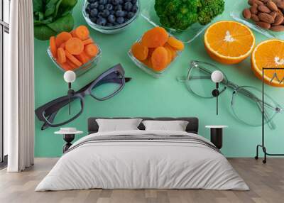 Two glasses and products for improving vision, spinach, dried apricots, blueberries, orange, almonds and broccoli on a green background. Wall mural