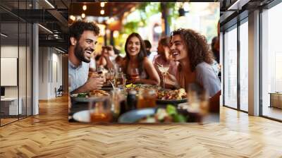 A group of people are sitting at a table with food and drinks Wall mural