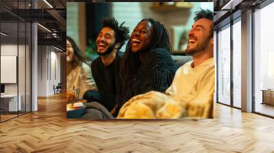 A group of people are sitting on a couch and laughing together Wall mural