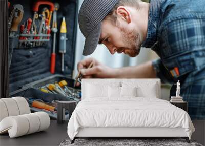 A man is fixing something with a toolbox Wall mural