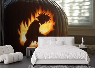 A pumpkin with a scary face carved into it Wall mural