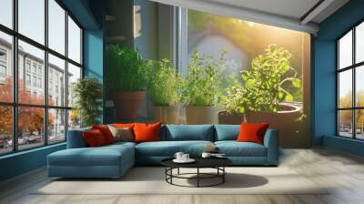 A window sill with several potted plants, including a basil plant Wall mural