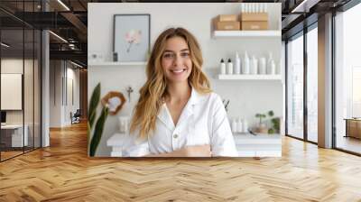 A woman in a white lab coat stands in front of a shelf of bottles Wall mural