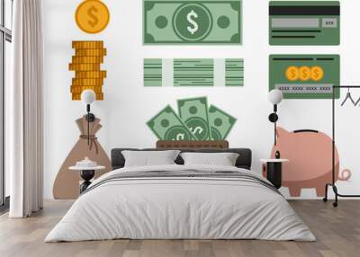 Finance and money collection of items. Dollar coin, dollar banknote, bundle of banknotes, wallet with money, bag of money, bank card and piggy bank. Isolated on white background Wall mural