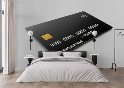 Black credit plastic card with emv chip. Contactless payment Wall mural