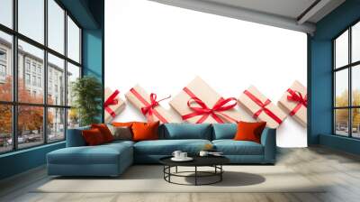 Gifts isolated on white background, Packed in brown paper and decorated with red ribbon with bow, there is room for lettering. Concept surprises and gifts for loved ones. Wall mural