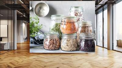 Set of different legumes in glass jars on, concrete white table. A source of protein for vegetarians. The concept of healthy eating and food storage. Wall mural