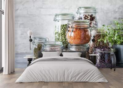 Set of different legumes in glass jars on a wooden table. A source of protein for vegetarians. Healthy eating concept. copy space Wall mural