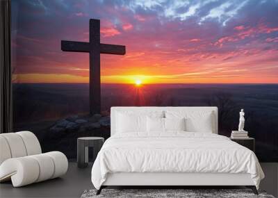 A dramatic sunset illuminating the crucifixion cross Wall mural