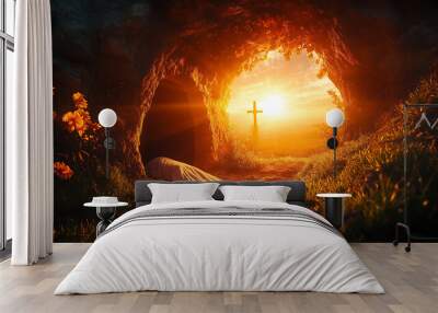 The entrance of an empty tomb bathed in the warm glow of sunrise, with the burial shroud left behind, and the crucifixion crosses faintly visible on a hill Wall mural