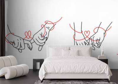 A set of touching hands and intertwined fingers drawn in black contour lines on a white background. Vector illustration. Wall mural