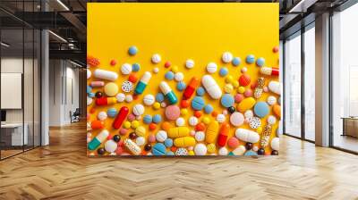 Assorted colorful pills and capsules scattered on a bright yellow background Wall mural