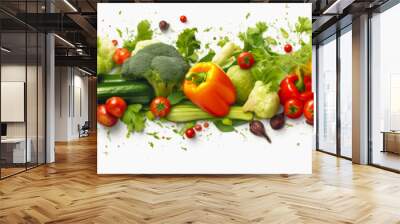 Banner with many fresh vegetables on isolated white background. Generative AI Wall mural