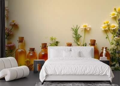 Bottles of essential oils with wildflowers on light background. Copy space Wall mural