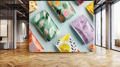 Colorful snack packaging designs on isolated background Wall mural