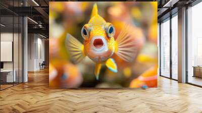 Curious tropical fish with wide eyes and open mouth surrounded by a vibrant school of orange fish Wall mural