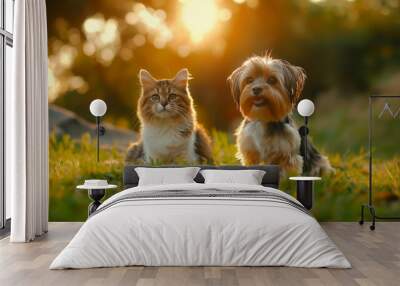 friendly dog and cat lounging in a sunny meadow. banner with happy pets. empty copy space for ads. g Wall mural