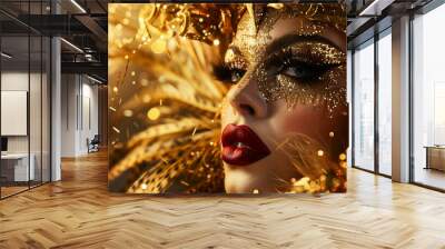 Glamorous close-up of a woman with glitter makeup in golden bokeh lights. Wallpaper, banner Wall mural