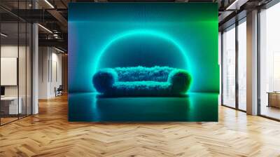 Interior dark green neon glowing room with sofa. Nightclub design, living room, futuristic background, luxury apartament. Generative AI Wall mural