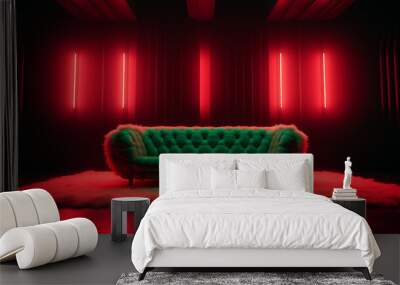 Interior of a luxury dark room with green fur armchair and wall with red neon light. Generative AI Wall mural