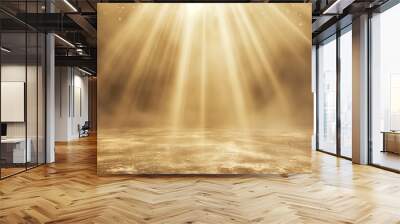 Majestic golden beams of light illuminating a empty dusty stage. Shiny festive background for product presentation or award ceremony. Copy space. Generative AI Wall mural