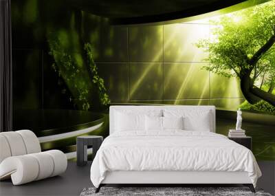 Modern indoor garden with green lighting and reflective surfaces Wall mural