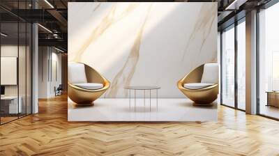 Set of two armchairs and a coffee table with gold accents against a white marble wall, modern design Wall mural