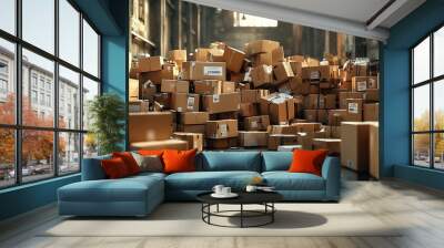 A chaotic pile of cardboard parcels in a warehouse setting Wall mural