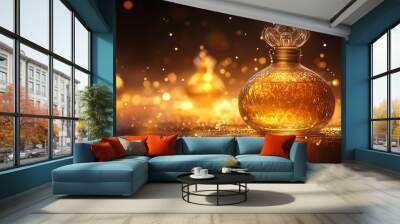 A golden perfume bottle set against a rich, dark background, with soft light Wall mural