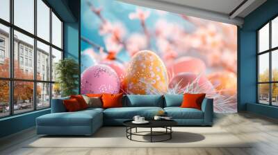 easter eggs and spring blossom on blue background. happy easter Wall mural