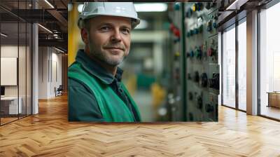 Portrait of a handsome middle-aged male worker in a white helmet and green vest jacket, standing near a control panel at a factory Wall mural