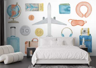 Travel elements watercolor hand drawn illustration. Trip clipart elements set isolated on white background. Airplane, luggage, globe, ticket. Wall mural