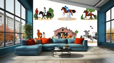 Gathering of people on horseback. A group of cute men, women and children practicing horse riding or equestrian sports, taking care of their pets. Flat cartoon colorful vector illustration. Wall mural