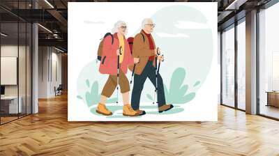 Happy active senior couple traveling together with backpacks and trekking sticks on holidays. Hiking. Colored flat vector illustration of traveler isolated on white background. Wall mural