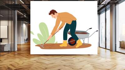 The gardener is working in the garden, raking the bedsisolated on white. Agricultural man during work. Agricultural activity Vector illustration in flat style Wall mural