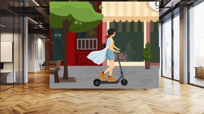 Young female character with backpack ride modern urban transport electric kick scooter. Active hipster adult millennial uses lifestyle ecology technologies. Vector illustration on cityscape Wall mural