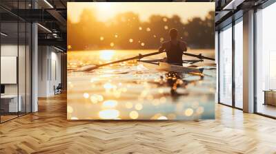 a close-up image of a rower in silhouette, paddling smoothly on a tranquil lake at sunset, the golden hues of the setting sun casting a warm glow and creating a soft bokeh effect o Wall mural