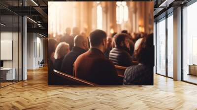 A congregation sharing the peace of Christ during a church service, spiritual practices of Christians, bokeh Wall mural