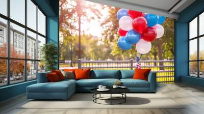 a detailed image of red, white, and blue balloons tied to a fence at a park, Patriotism, Fourth of July, Balloon, Party, Social Event, Celebration, Celebration Event, Independence Wall mural