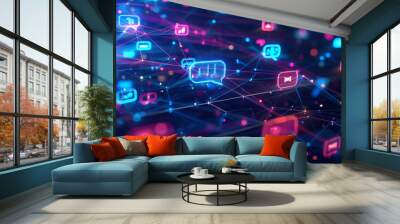 A digital landscape featuring an array of chat icons and AI elements, chat bot concept, dynamic and dramatic compositions, with copy space Wall mural