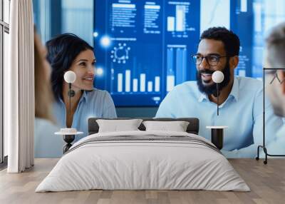 A diverse group of professionals engaged in a lively discussion during a meeting in a modern office. The scene highlights teamwork, collaboration, and a positive work environment, Wall mural