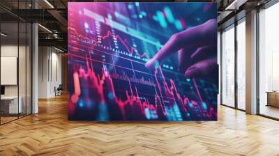 A hand swiping through holographic financial charts and graphs, business, dynamic and dramatic compositions, with copy space Wall mural