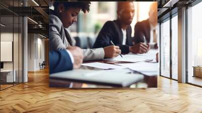 A multi-ethnic team of professionals brainstorming ideas at a conference table, multicultural business people, with copy space, blurred background Wall mural