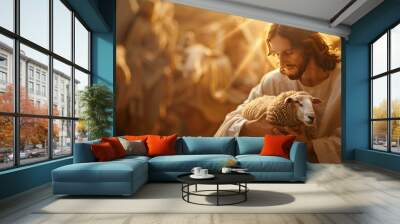 a  of Jesus Christ cradling a lost sheep in his arms, with an angelic glow surrounding them and a backdrop of heavenly light, symbolizing redemption and divine love, Wall mural