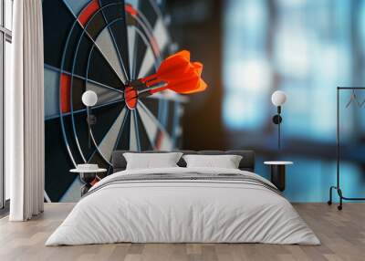 A target with darts hitting the bullseye, overlaying a corporate office setting, symbolizing strategic goals, business strategy, dynamic and dramatic compositions, with copy space Wall mural